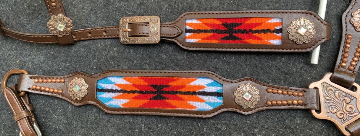 Showman Browband Headstall &amp; Breast collar set with wool southwest blanket inlay - red and orange #4